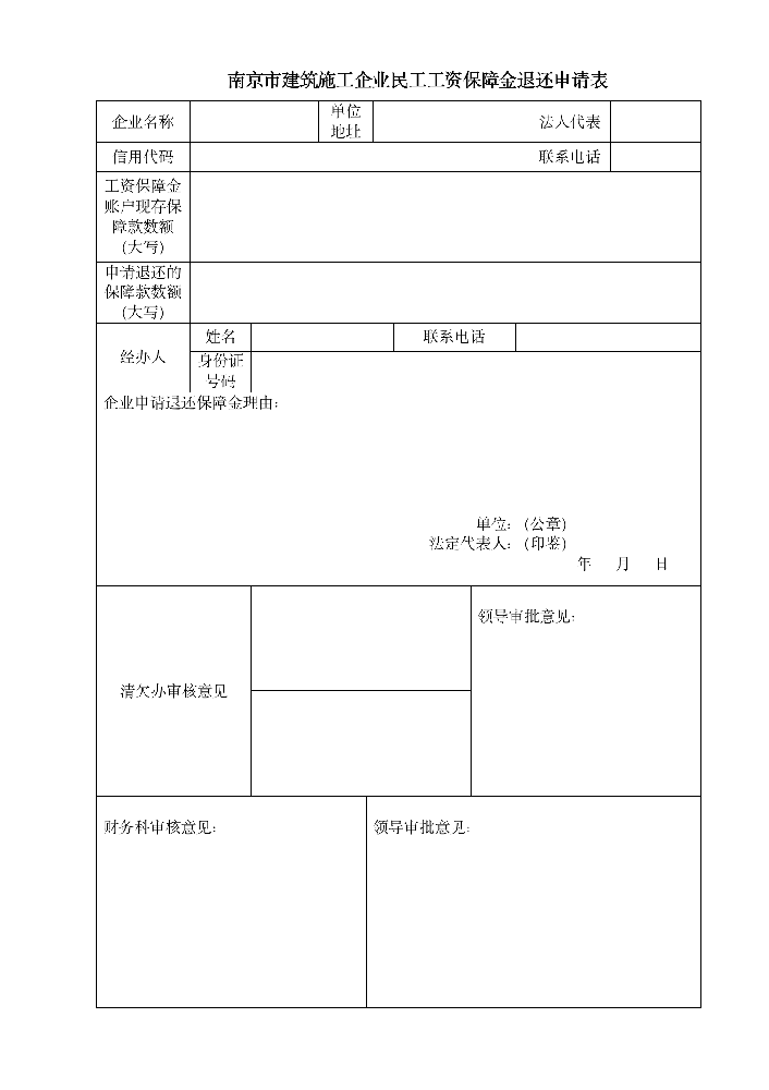 南京市建筑施工企业民工工资保障金退还申请表